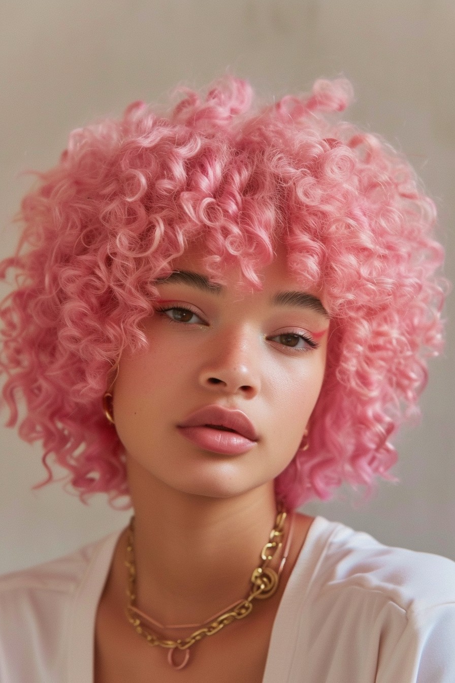 Glossy Candy Pink in Short Curly Hair