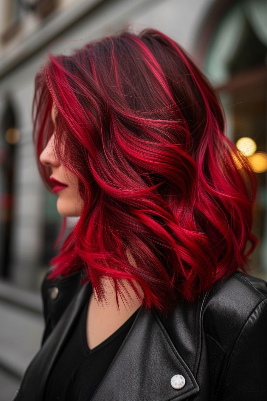 Bright Cherry Red Highlights in Medium-Length Hair