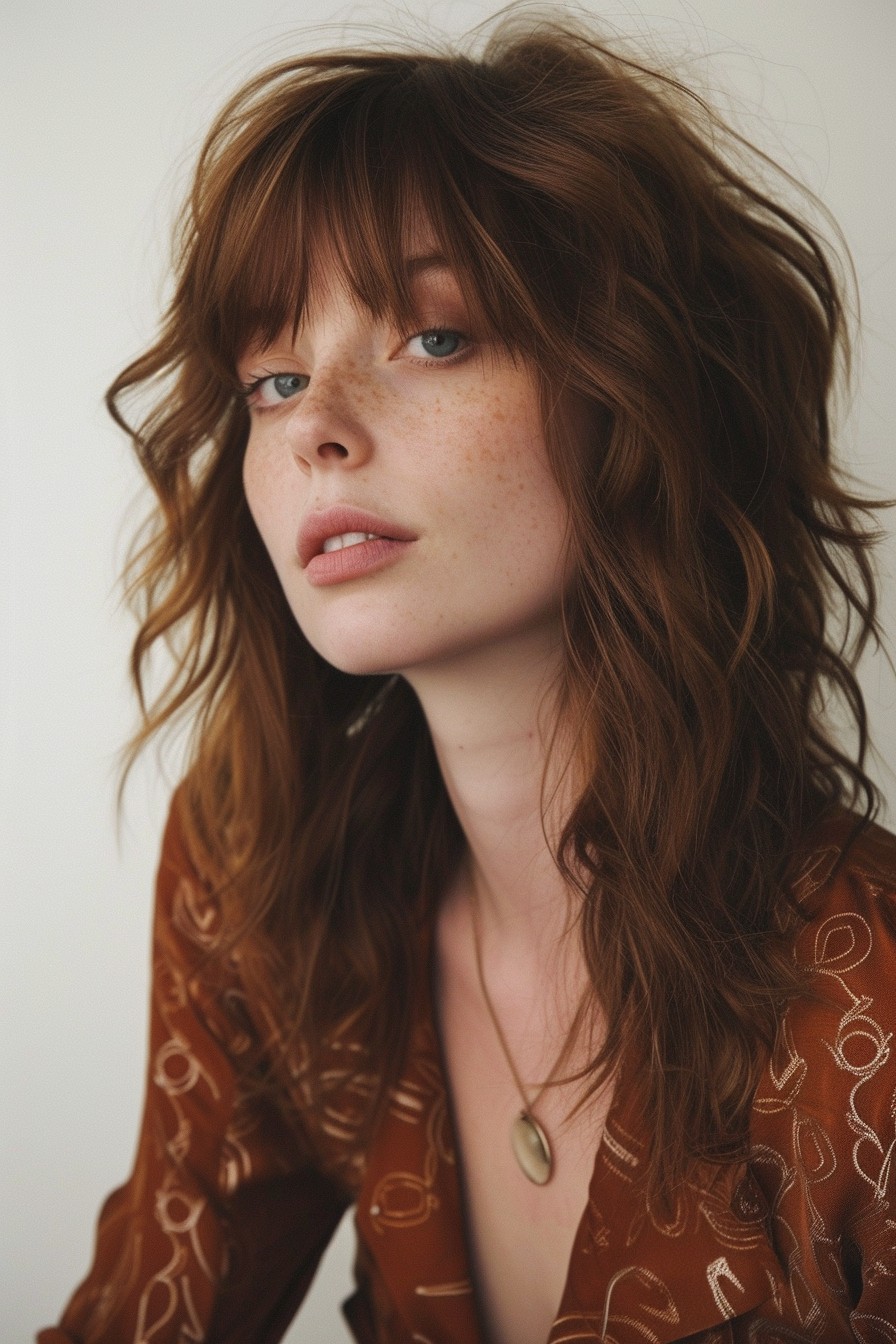 Mid-Length Shaggy Mullet in Soft Chestnut Brown with Subtle Waves