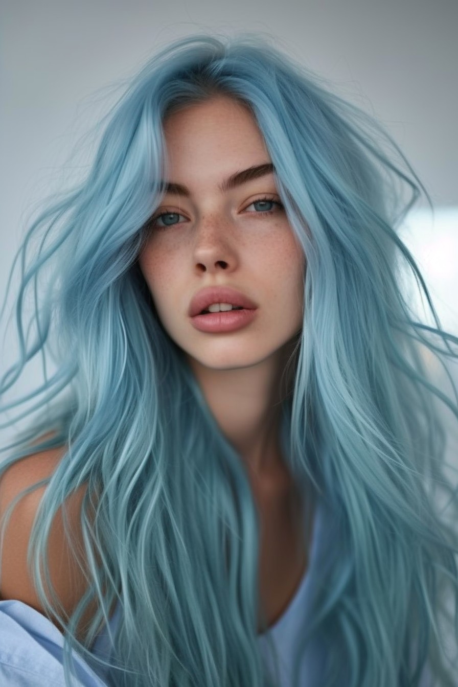 Pastel Sky Blue in Long Flowing Locks