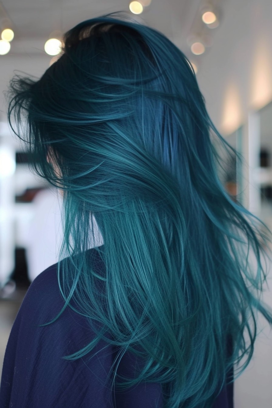 Dark Teal Blue in Long Sleek Hairstyle