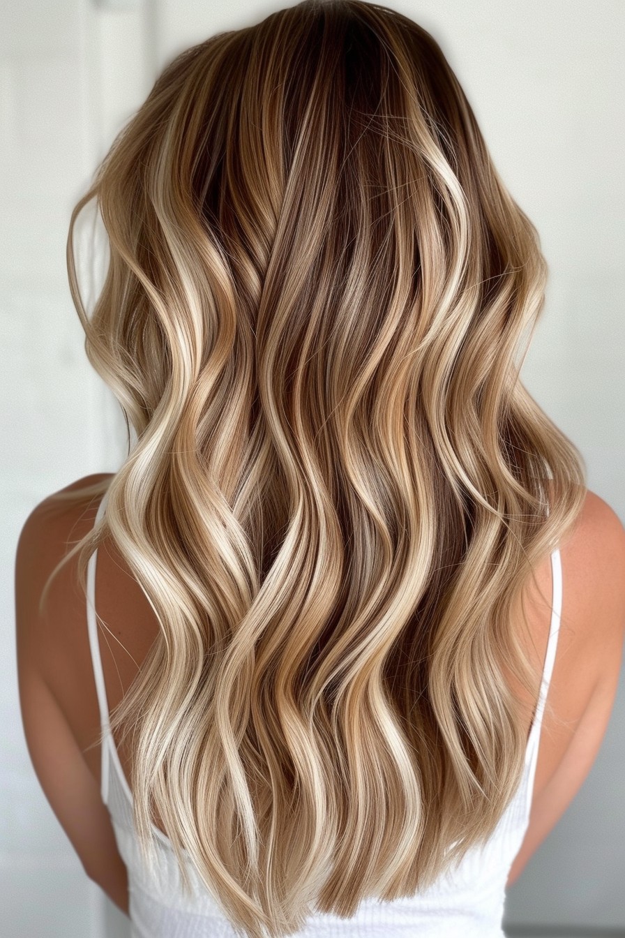 Soft Mocha Brown and Blonde Mix on Mid-Back Length Hair