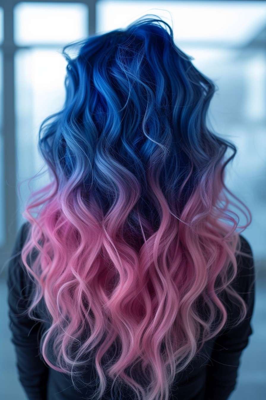 Daring Indigo and Pink Ombre on Long Curls