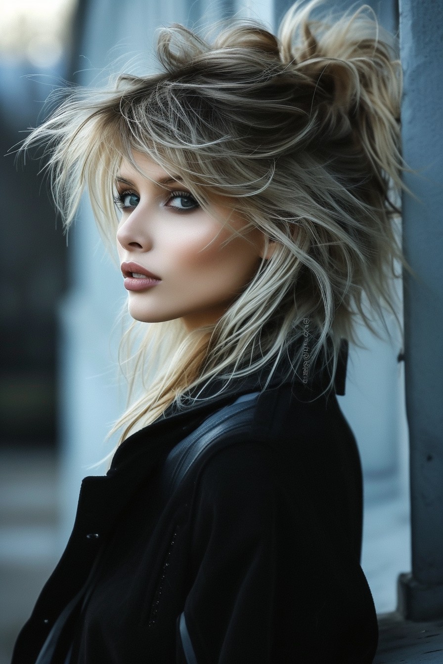 Long Shaggy Mullet for Women with Striking Platinum Highlights