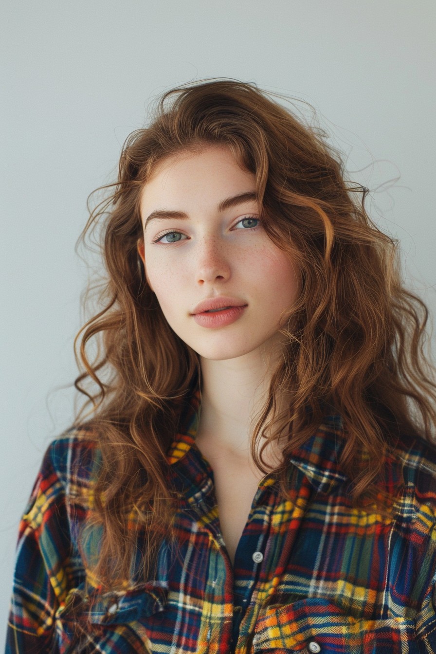 Chestnut Brown Half-Up, Half-Down Hairstyle with Curly Ends