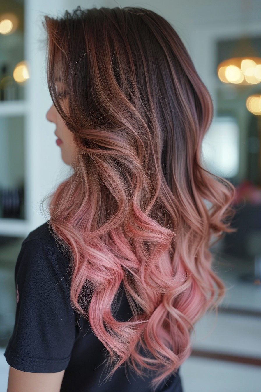 Soft Rose Gold Balayage on Long Curls