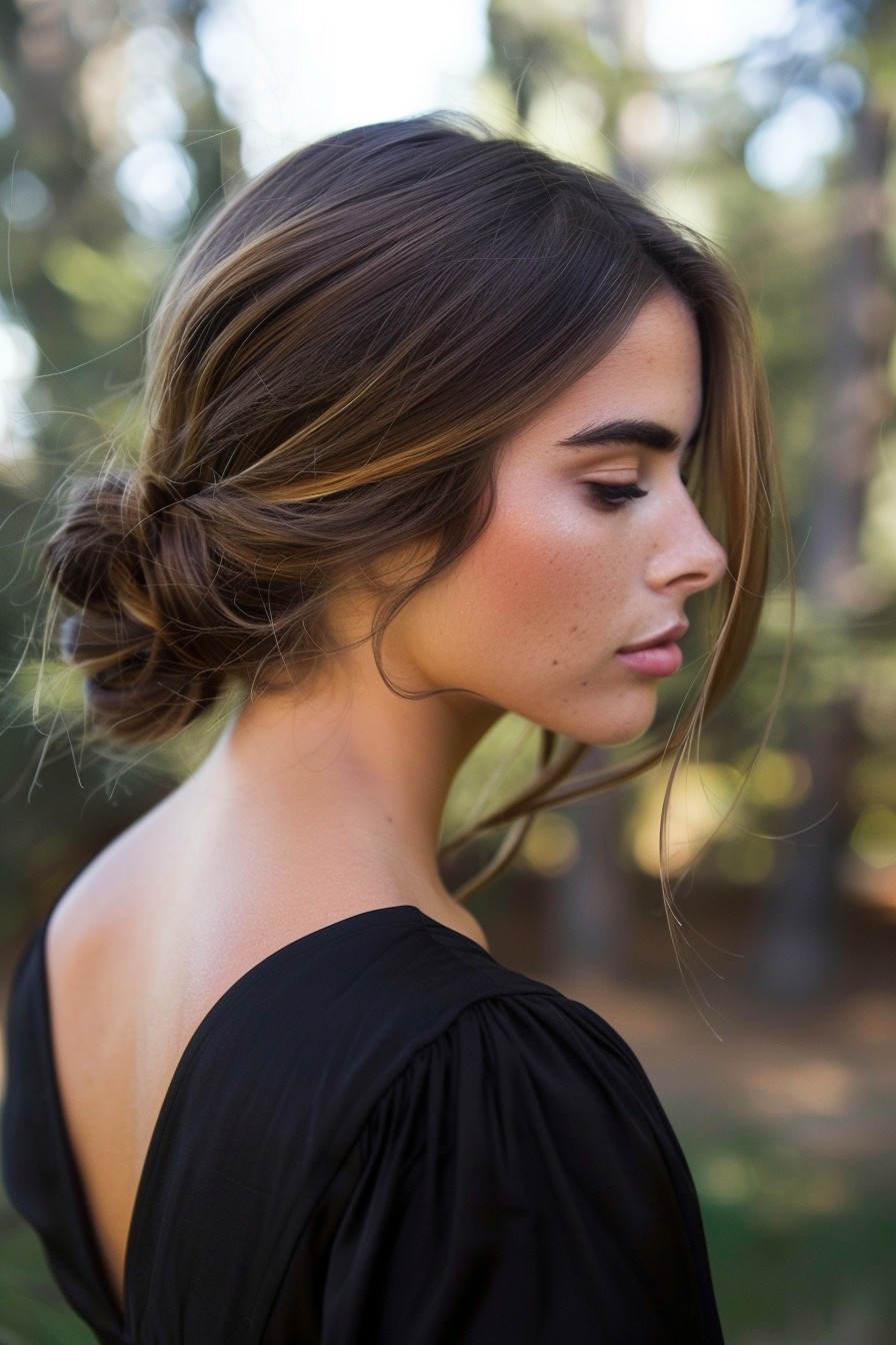 Sunkissed Brunette with an Elegant, Twisted Low Bun