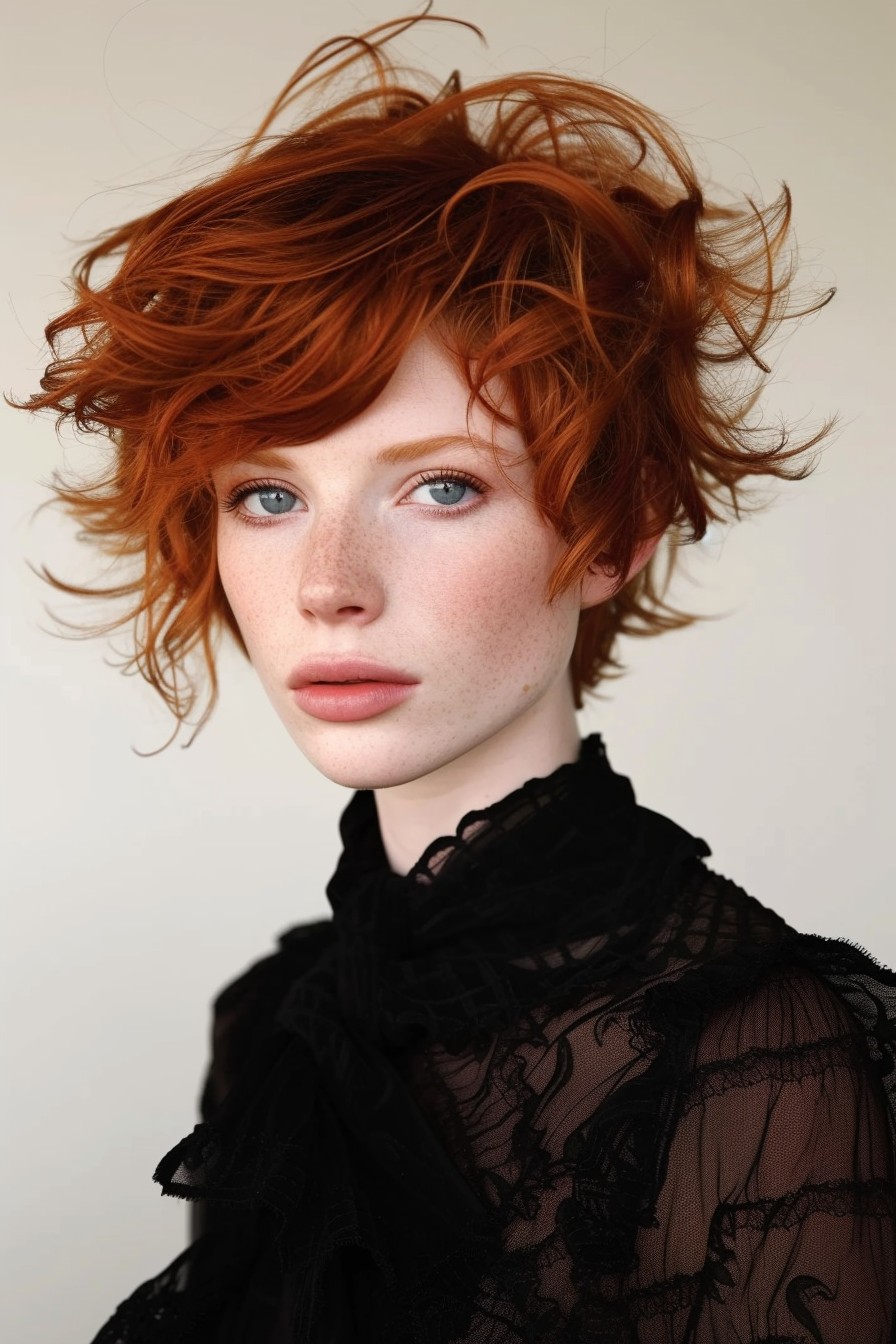 Glossy Auburn Red in Short Tousled Waves