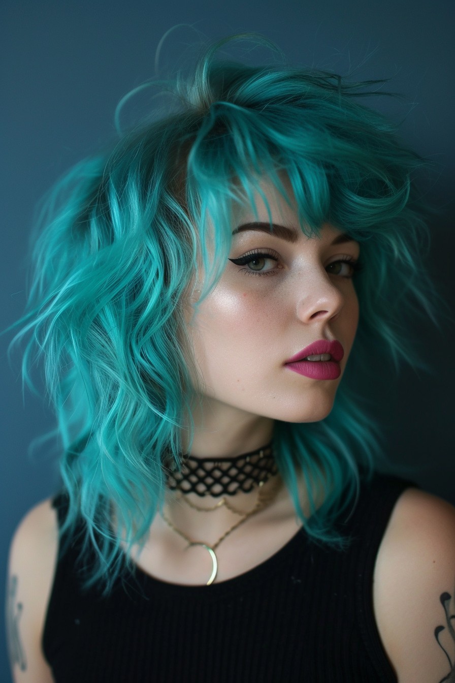 Short to Medium Shaggy Mullet in Bold Turquoise Shade