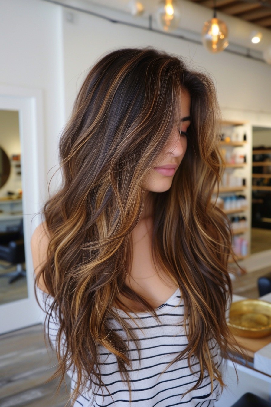 Long California Brunette Hair with Golden Streaks