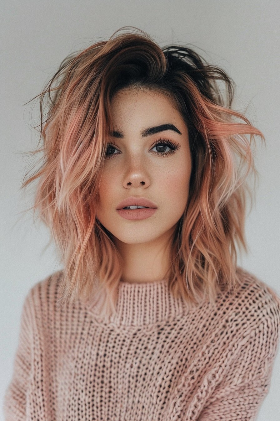 Effortless Edgy Tousled Rose Gold Lob