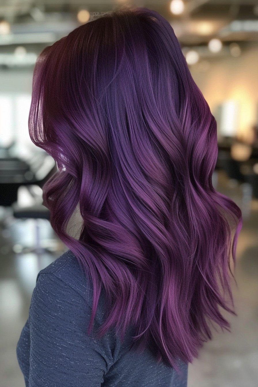 Mid-Back Wavy Hairstyle in Soft Midnight Purple