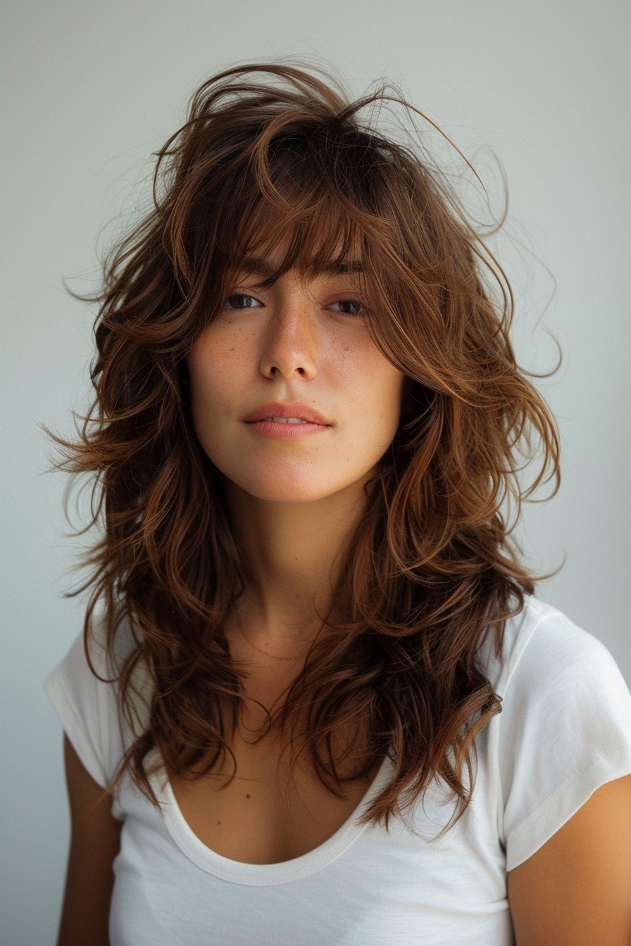 Shaggy Mullet with Chestnut Shades and Casual Tousled Layers