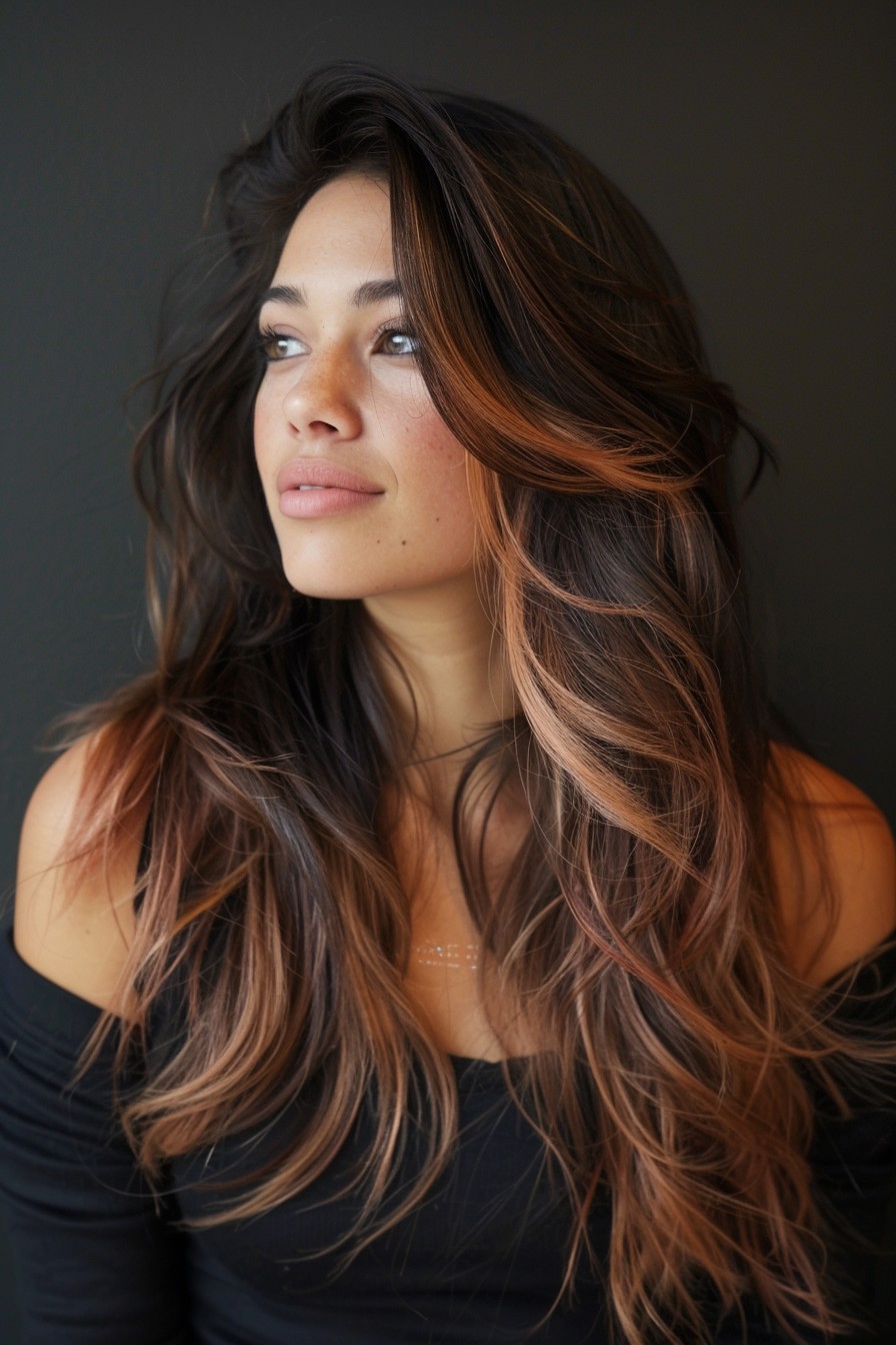 Sunkissed Brunette with Soft, Understated Rose Gold Balayage