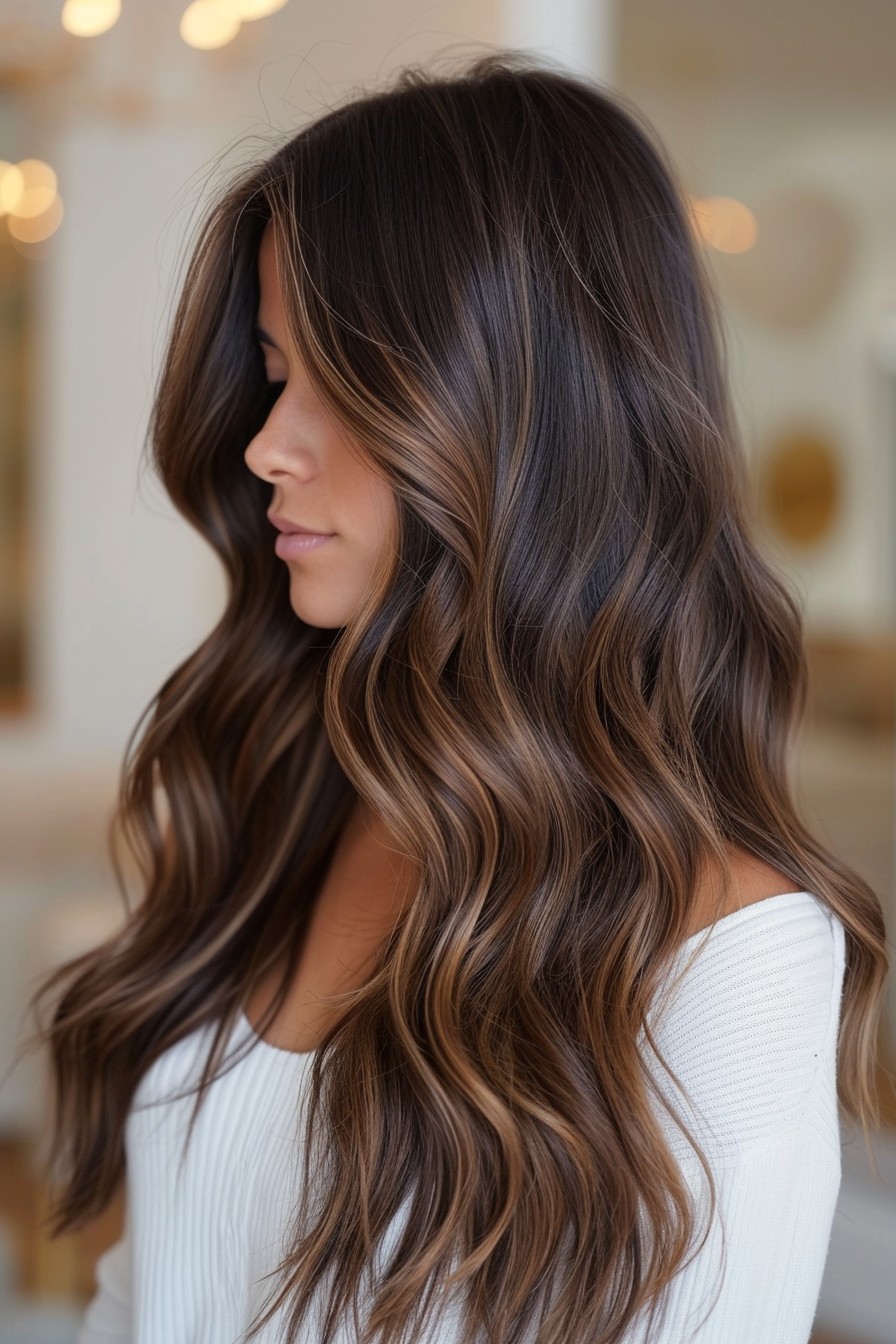 Elegant Waves in Long California Brunette with Subtle Chestnut Highlights