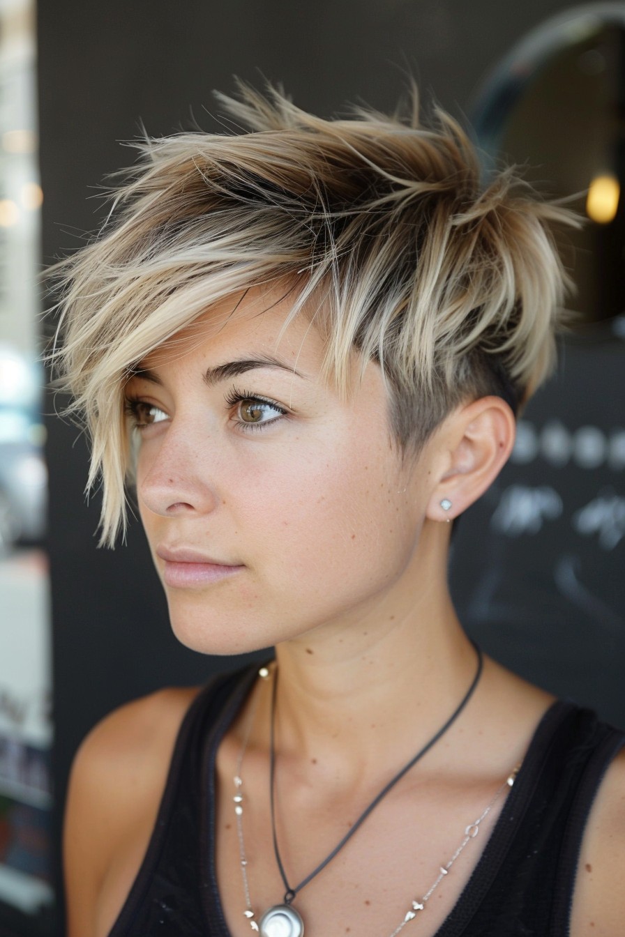 High Contrast California Blonde Highlights on a Choppy Pixie