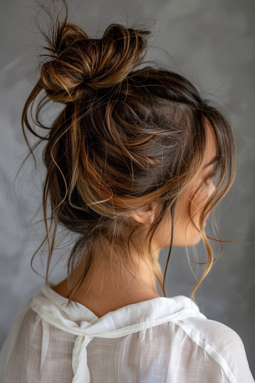 Messy Bun in Sunkissed Brunette with Honey Highlights