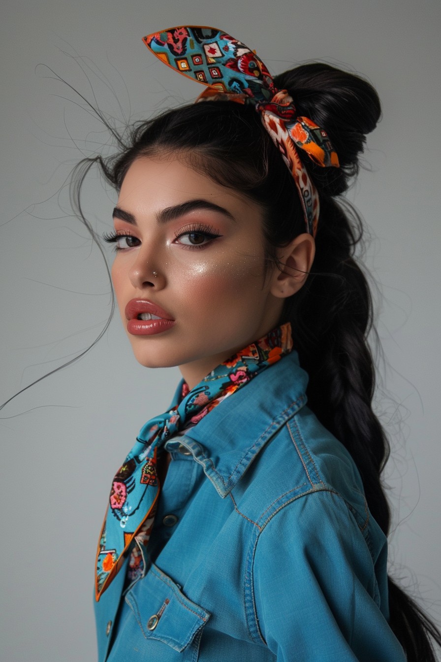 High Ponytail with a Patterned Bandana