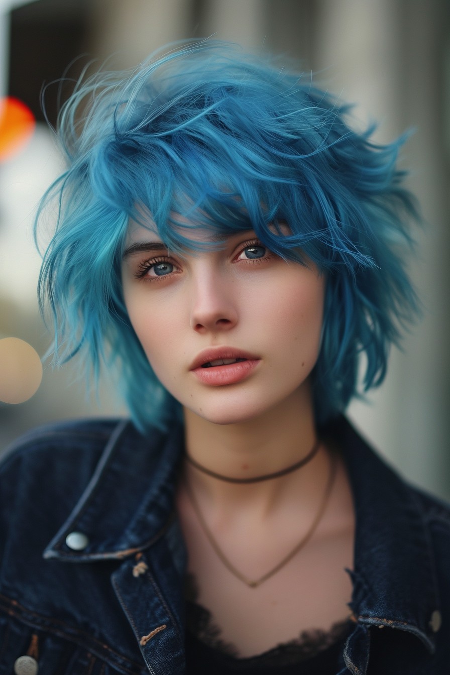 Shaggy Mullet Hairstyle for Women in Electric Blue Hair Color