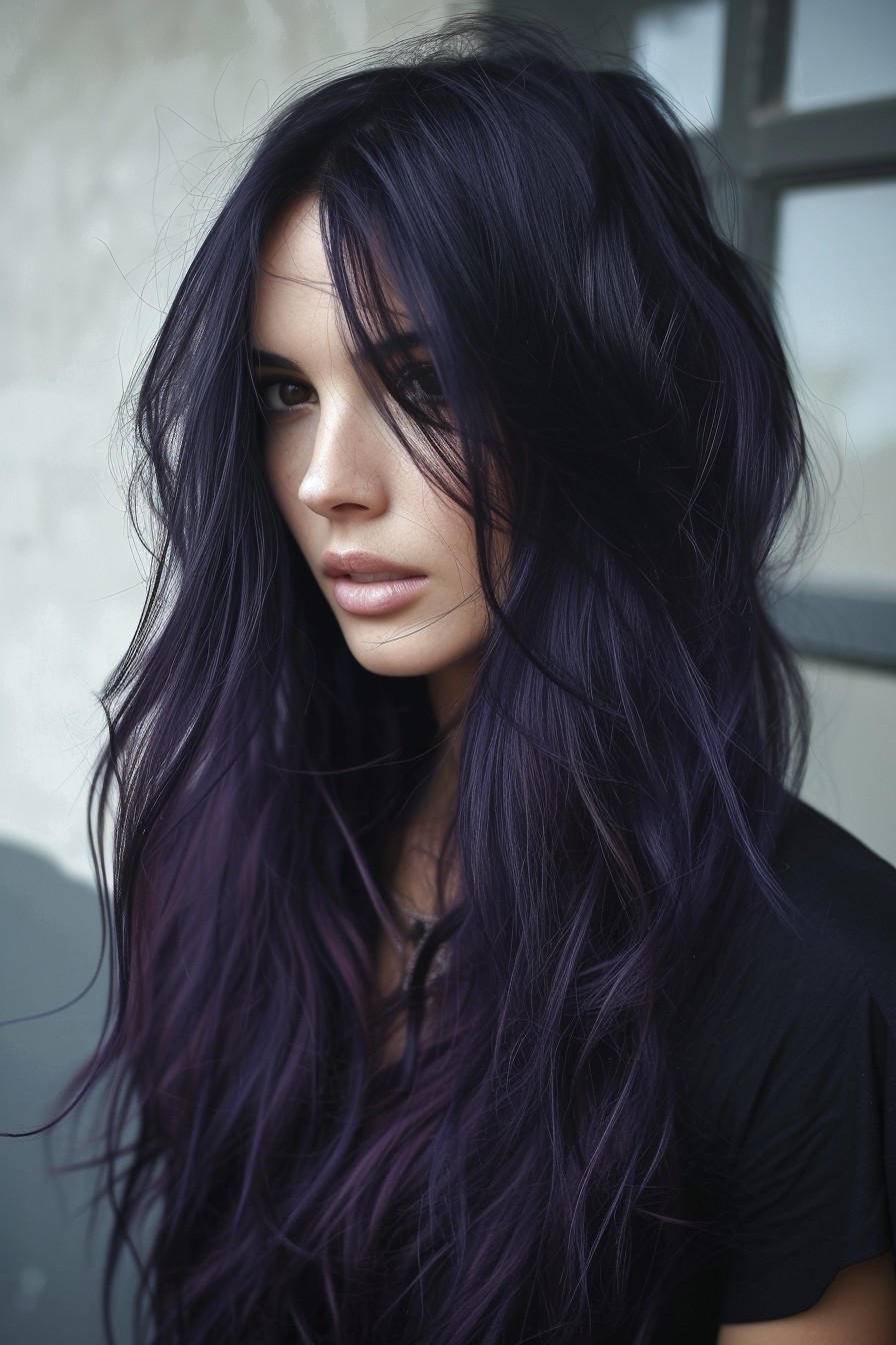 Long Layered Hairstyle in a Dark Midnight Purple Shade