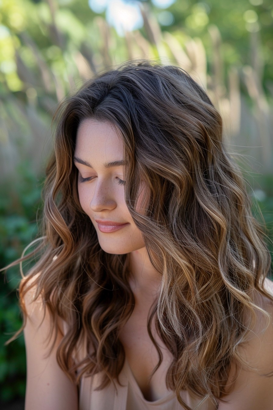 Sunkissed Brunette Balayage with Soft Caramel Tones