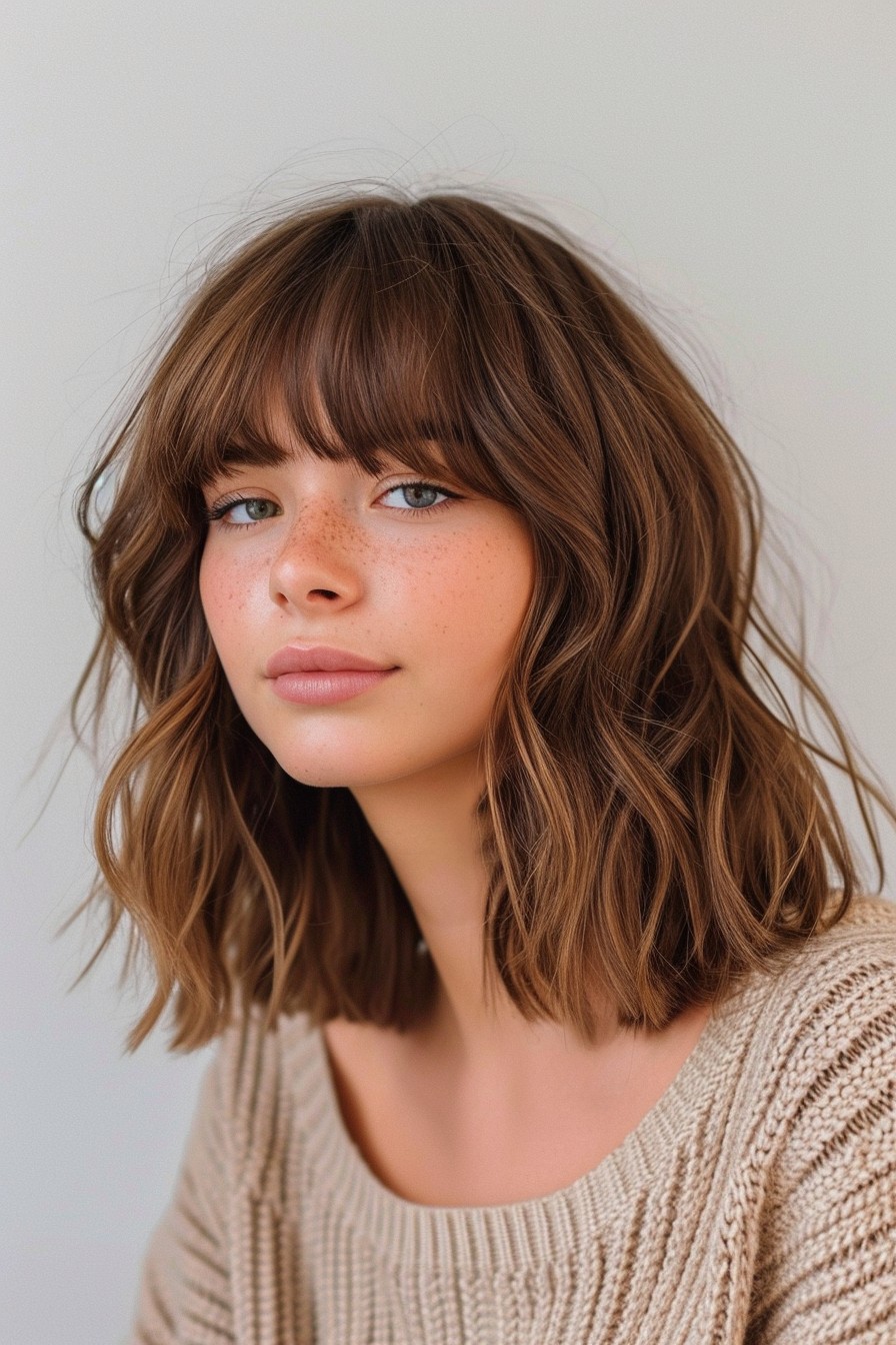 Soft Caramel Brown Shaggy Lob with Bangs