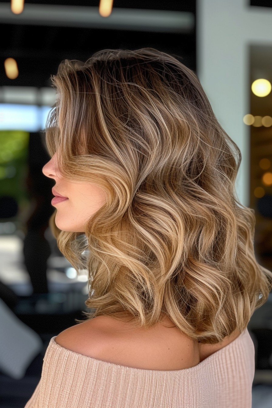 Sunlit Gold Balayage in Shoulder-Length Curls