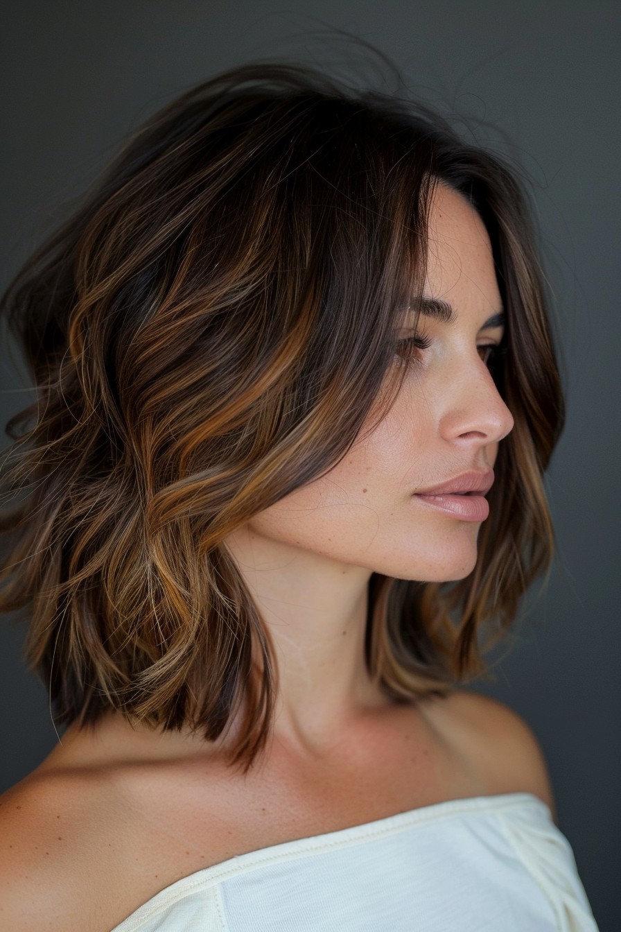 Sunkissed Brunette Balayage on a Layered Bob