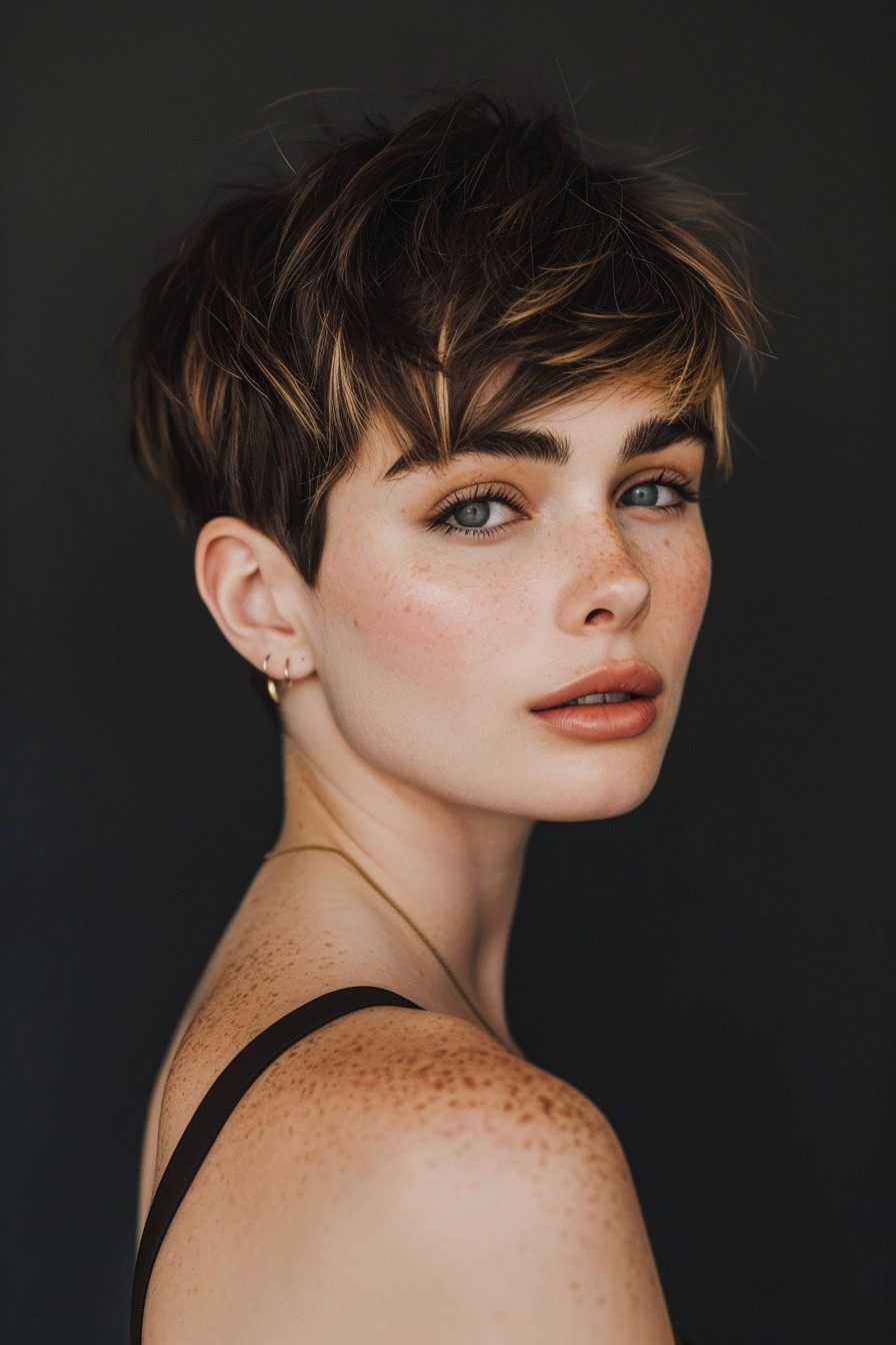 California Brunette Pixie Cut with Subtle Blonde Tips