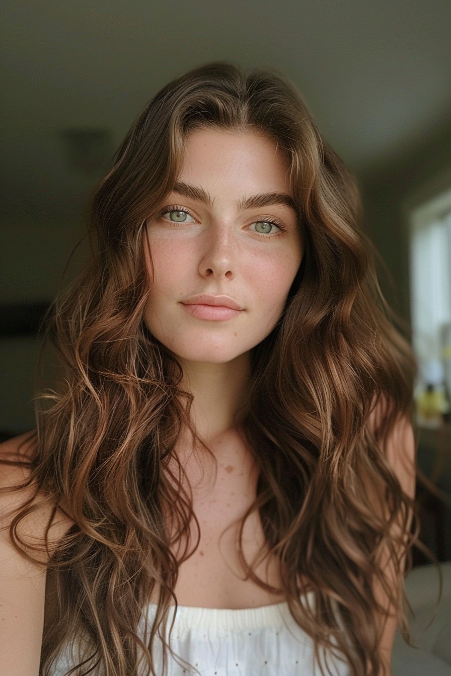 Sunkissed Brunette with Soft, Beachy Waves and Ash Highlights