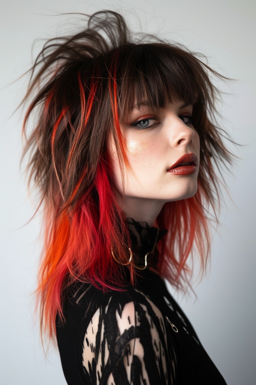 Mid-Length Shaggy Mullet with Fiery Ruby Red Streaks