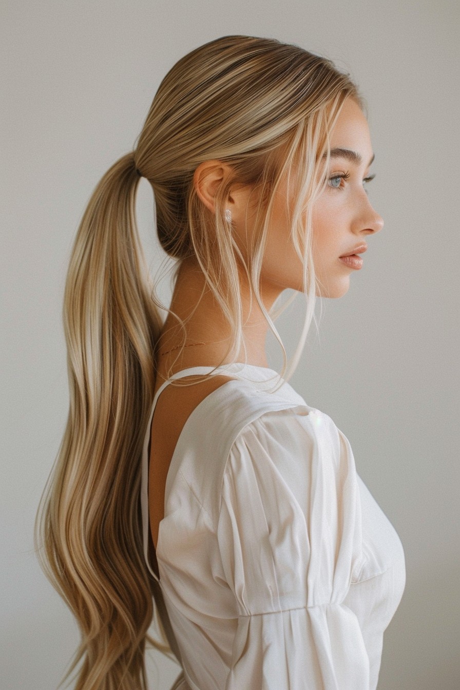 Sleek California Blonde Ponytail with Highlights