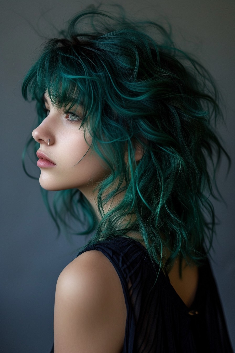 Mid-Back Length Shaggy Mullet in Deep Emerald Green