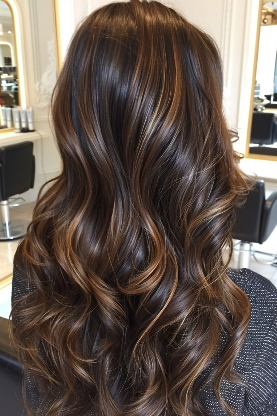 Sunkissed Brunette with Caramel Highlights and Soft Waves