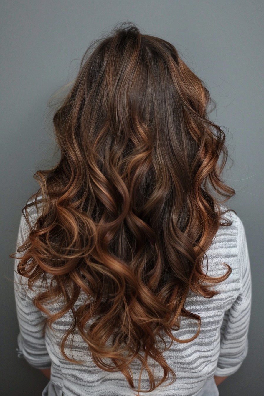 Voluminous Sunkissed Brunette Curls with Mocha Lowlights