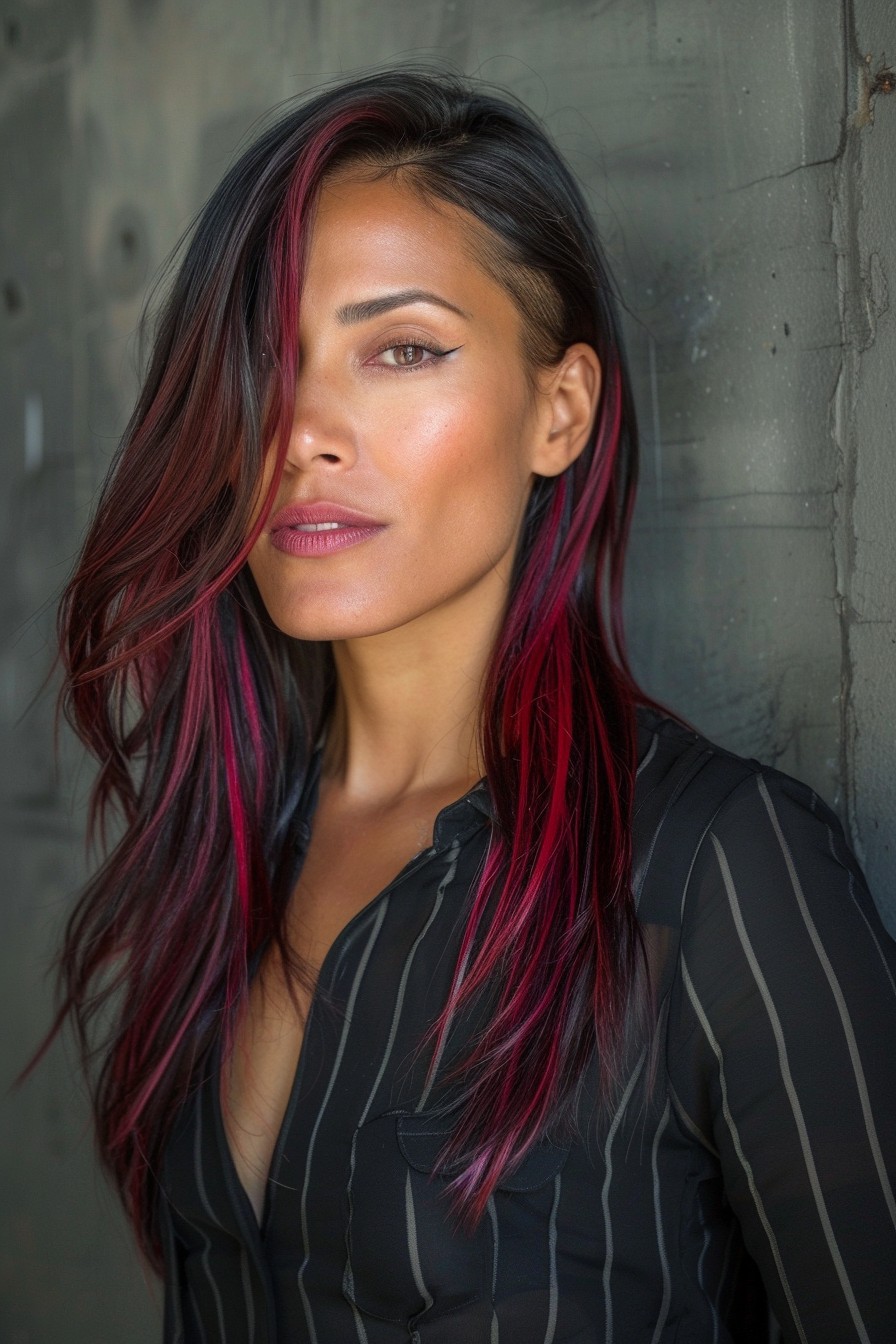 Sleek, Side-Parted Hairstyle with Burgundy Streaks