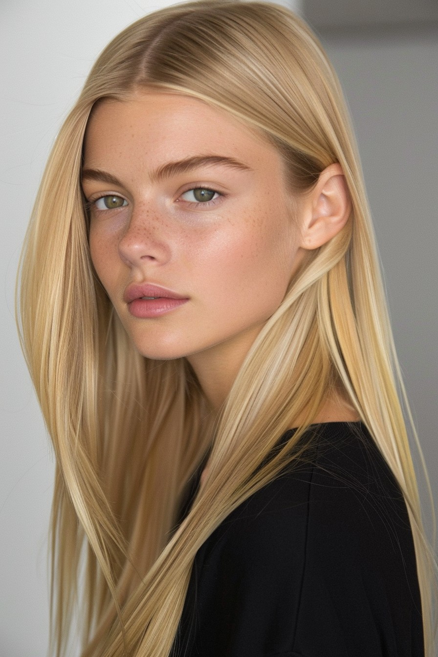 Sleek, Straight California Blonde Hair with a Side Part