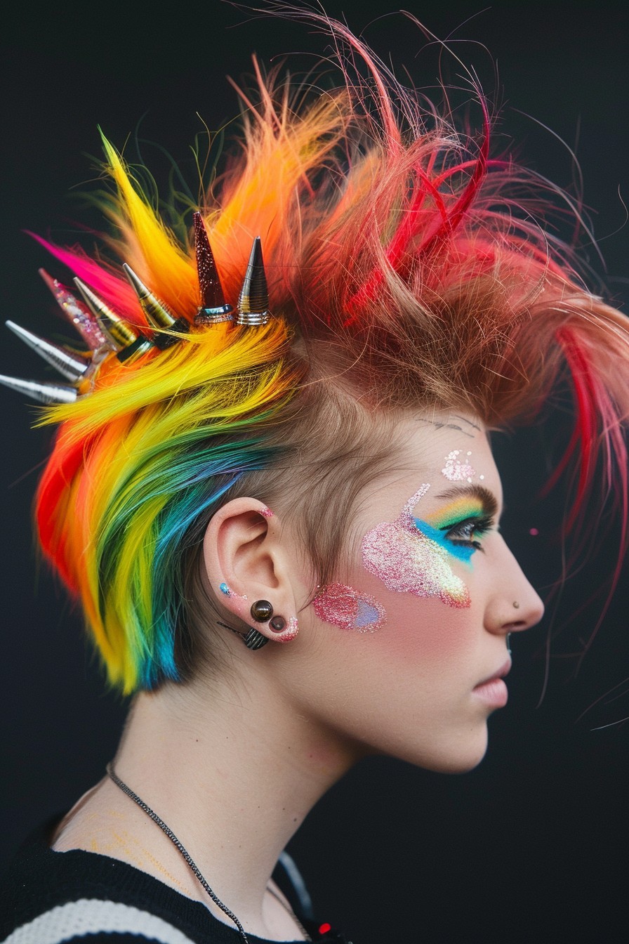 Punk Rock Mohawk with Vibrant Streaks and Spikes