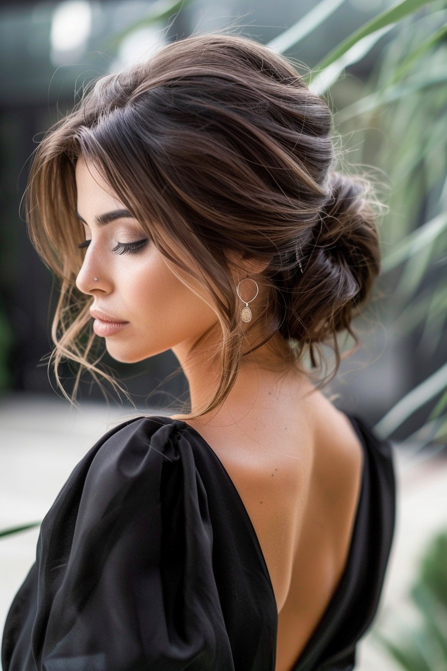 Low Bun in Sunkissed Brunette with Subtle Sun-Kissed Accents