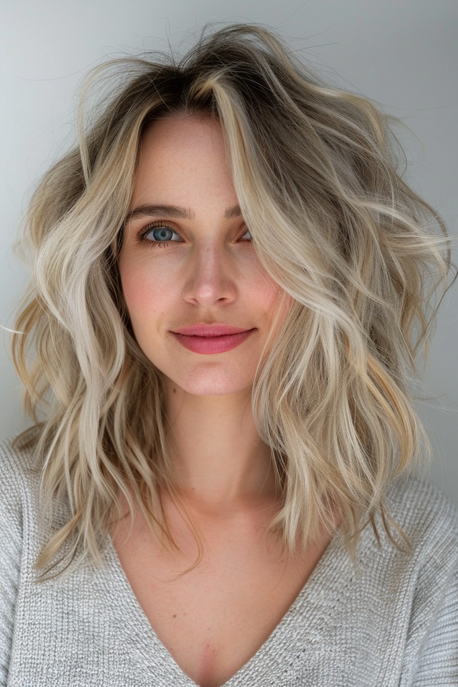 Playful Shoulder-Length Icy Blonde Curls