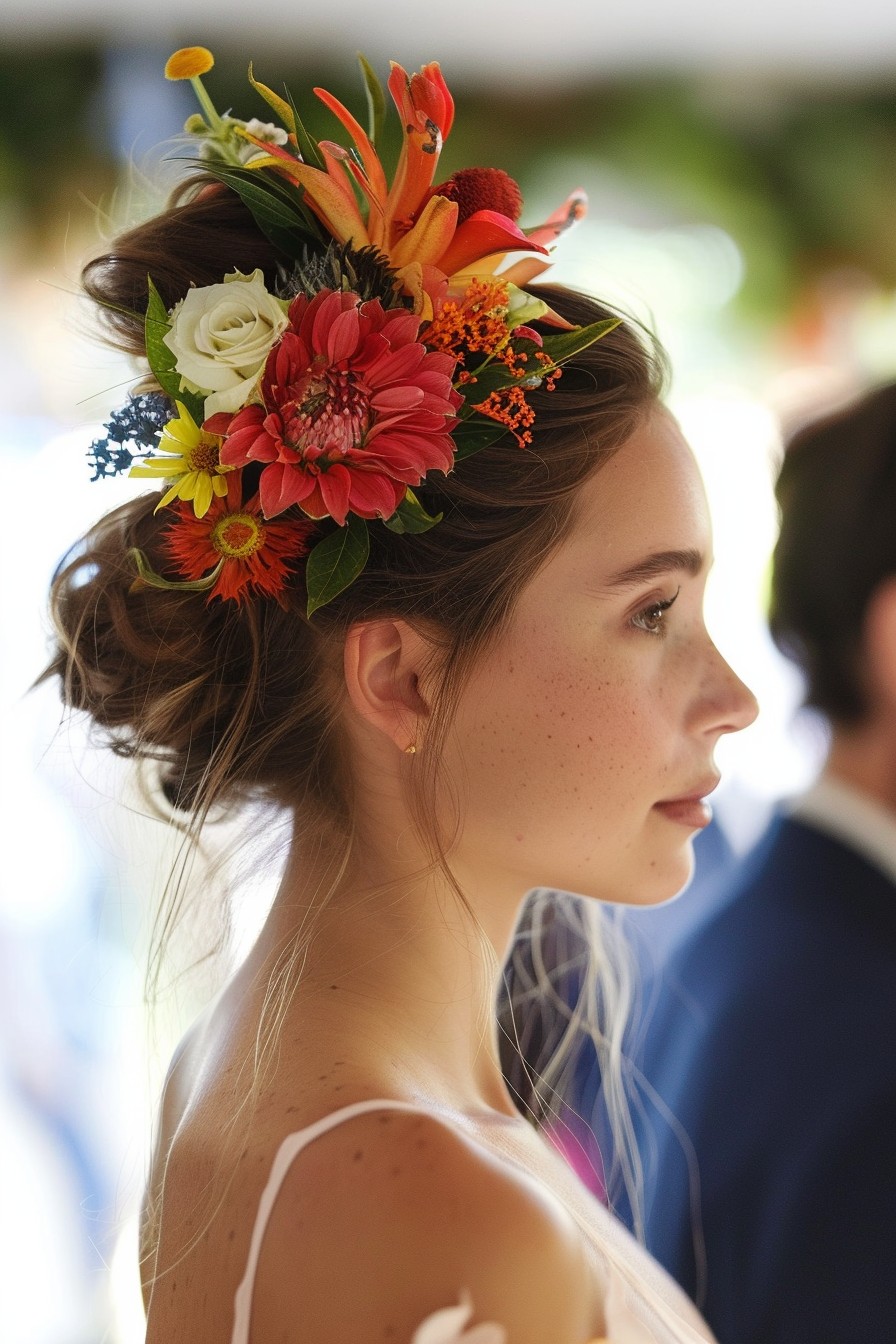 Festival Chic Sleek Bun with Floral Hairpiece