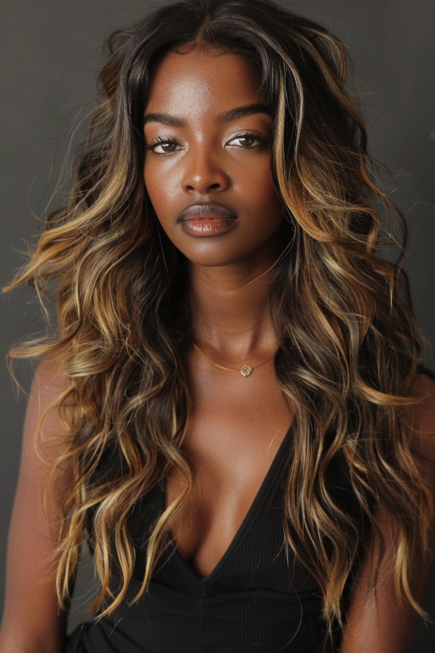 Long, Wavy Hair in Deep California Blonde with Caramel Streaks