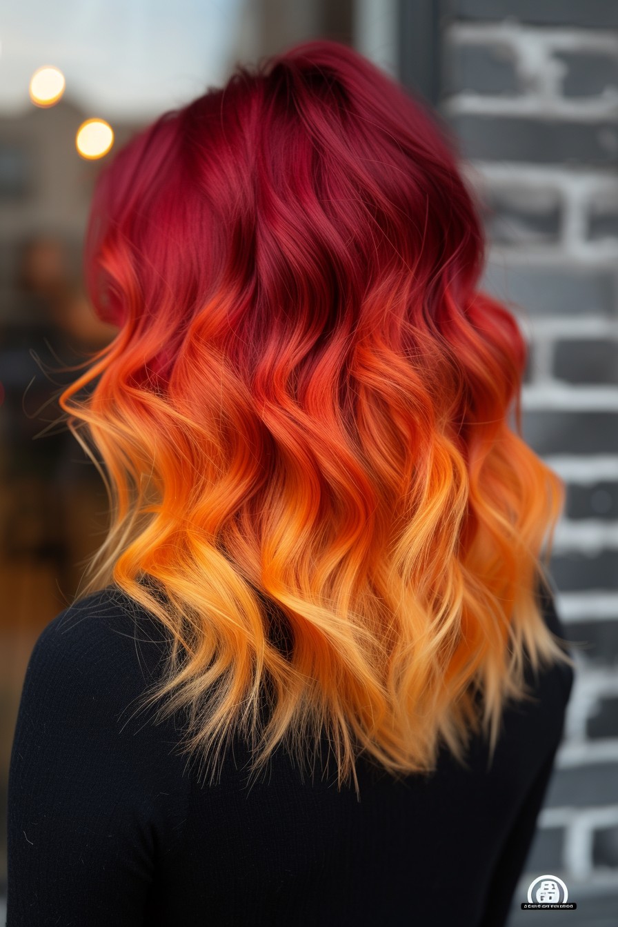 Fiery Red and Orange Ombre on Mid-Back Length Hair