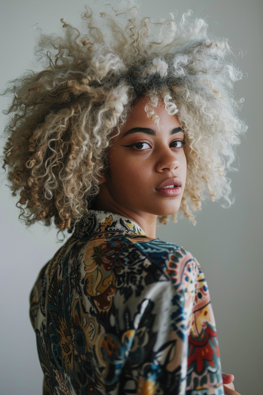 Vibrant Icy Blonde on Curly Afro