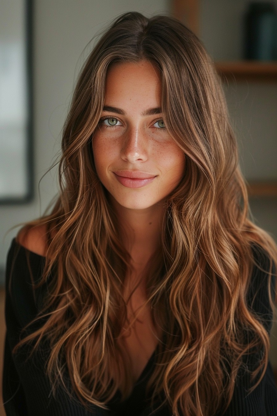 Soft, Sunkissed Brunette Waves with Honey Highlights