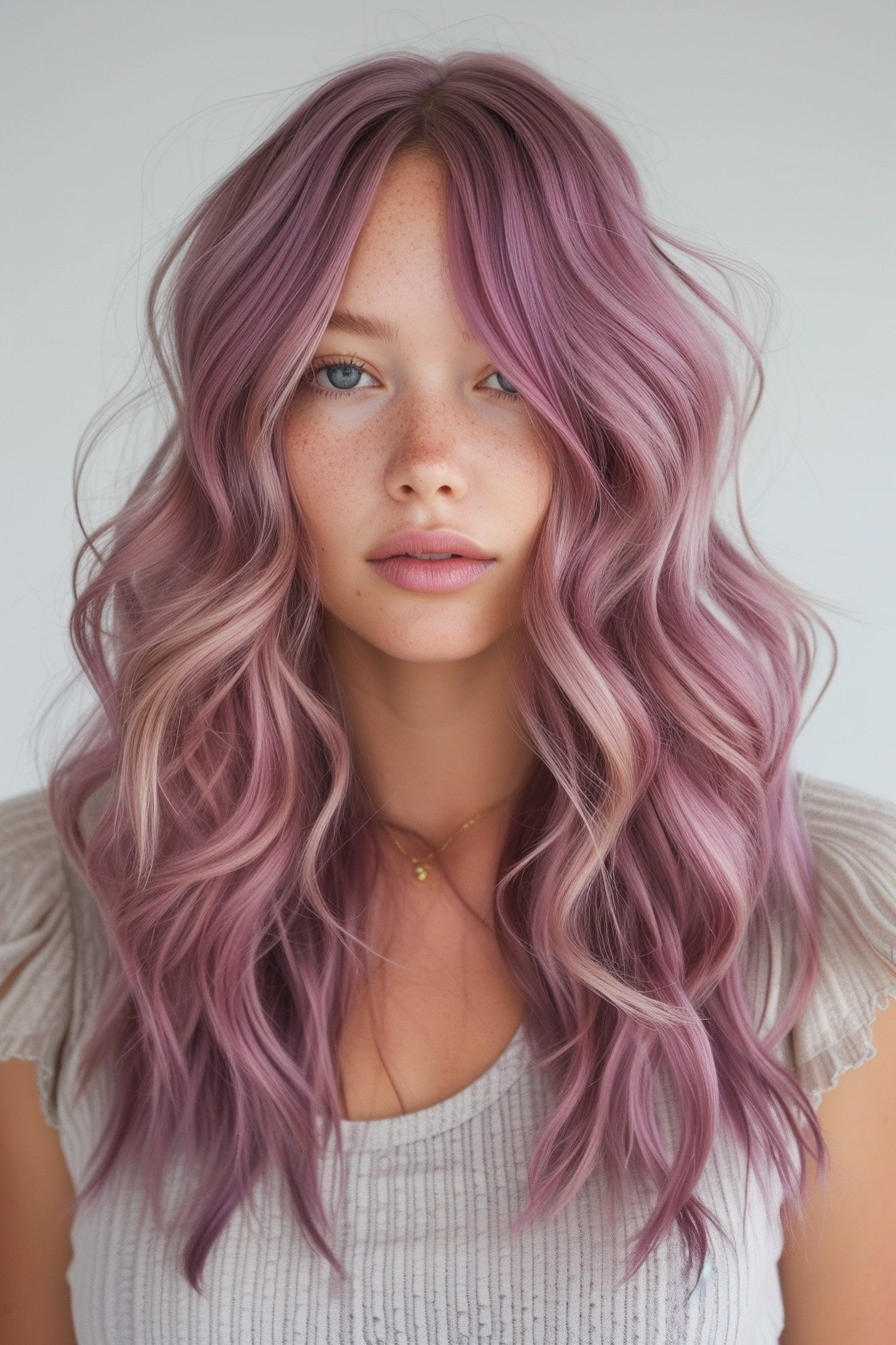 Subtle Mauve Tint in Long Wavy Hair