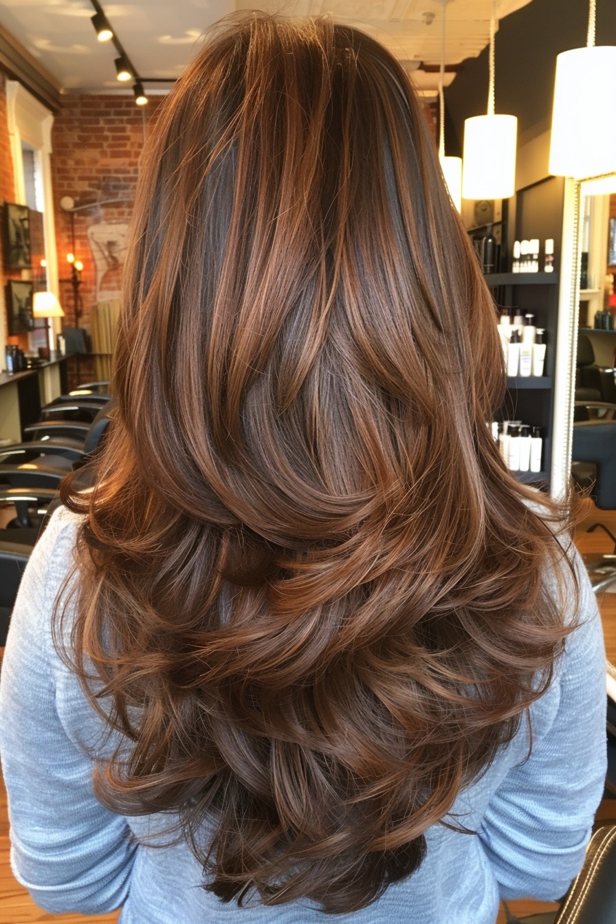 Long Layers in Sunkissed Brunette with a Glossy Finish