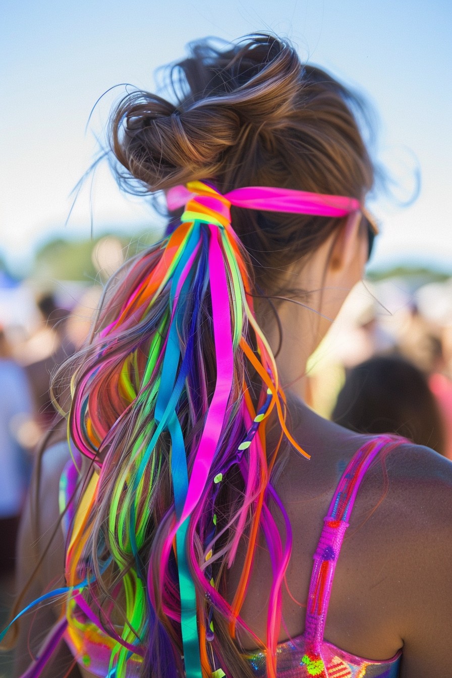 Bright Festival Ponytail with Neon Ribbons