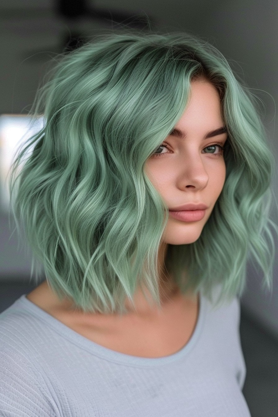 Cool Mint Green on Shoulder-Length Wavy Hair