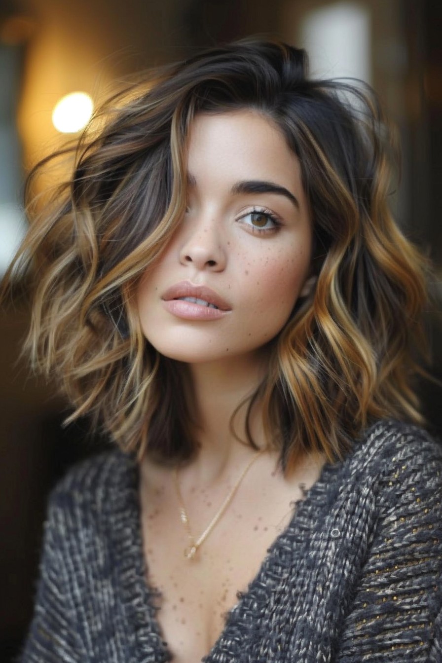 Wavy Bob with Soft Caramel Highlights